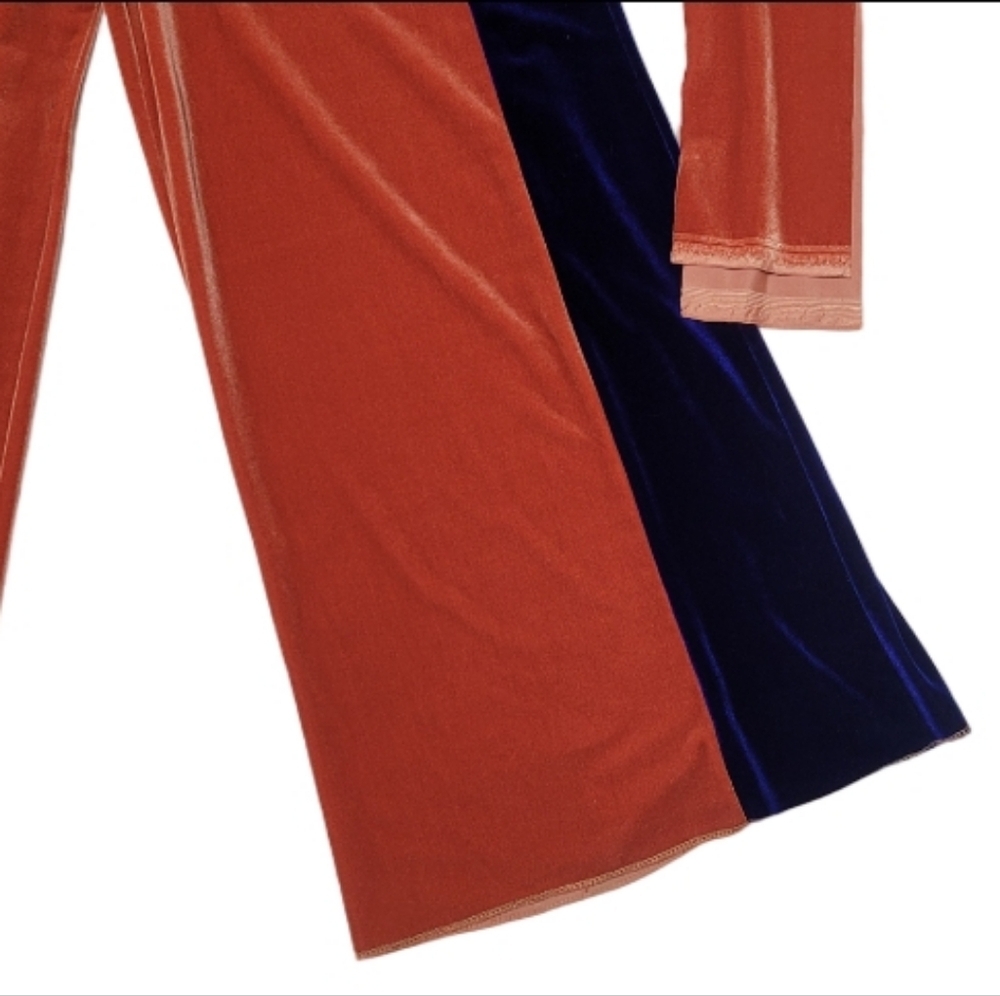 Clio 70s Vintage Patchwork Blue Burnt Orange Velvet Metallic Wide Leg Jumpsuit - Picture 5 of 10